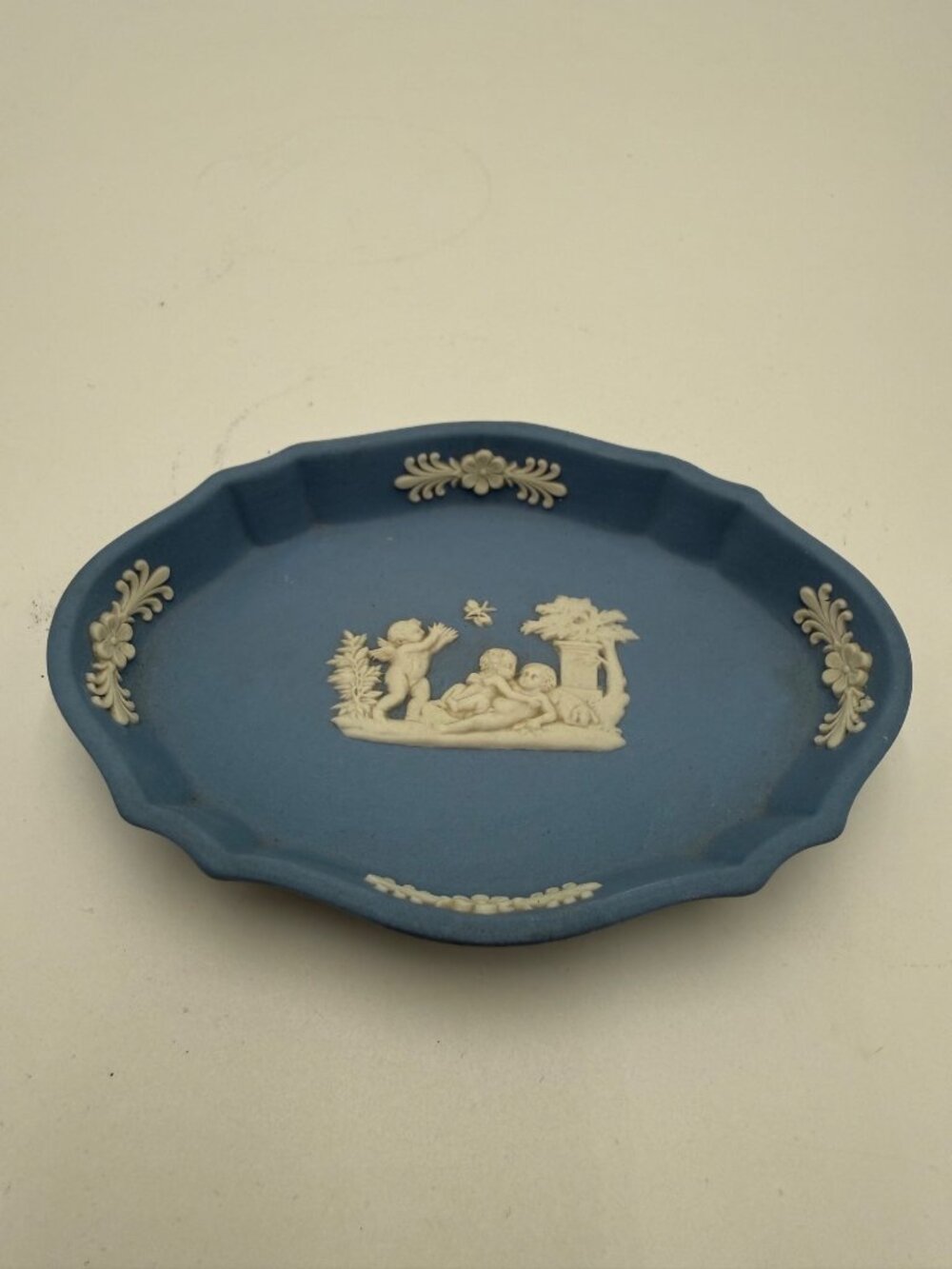 Vintage Wedgwood Blue Jasperware Oval Tray Cherub Trinket Dish